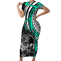 personalised-polynesia-skull-family-matching-short-sleeve-bodycon-dress-and-hawaiian-shirt-tattoo-in-the-style-of-maori-with-marine-life-aqua