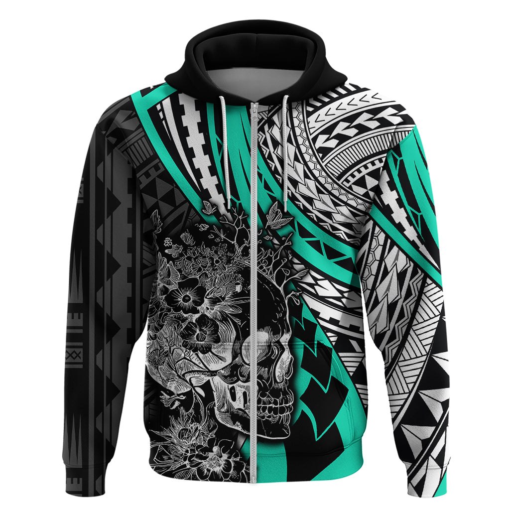 Personalised Polynesia Skull Hoodie Tattoo In The Style Of Maori With Marine Life Aqua LT9 - Polynesian Pride