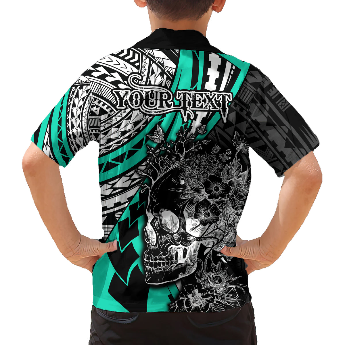 personalised-polynesia-skull-kid-hawaiian-shirt-tattoo-in-the-style-of-maori-with-marine-life-aqua