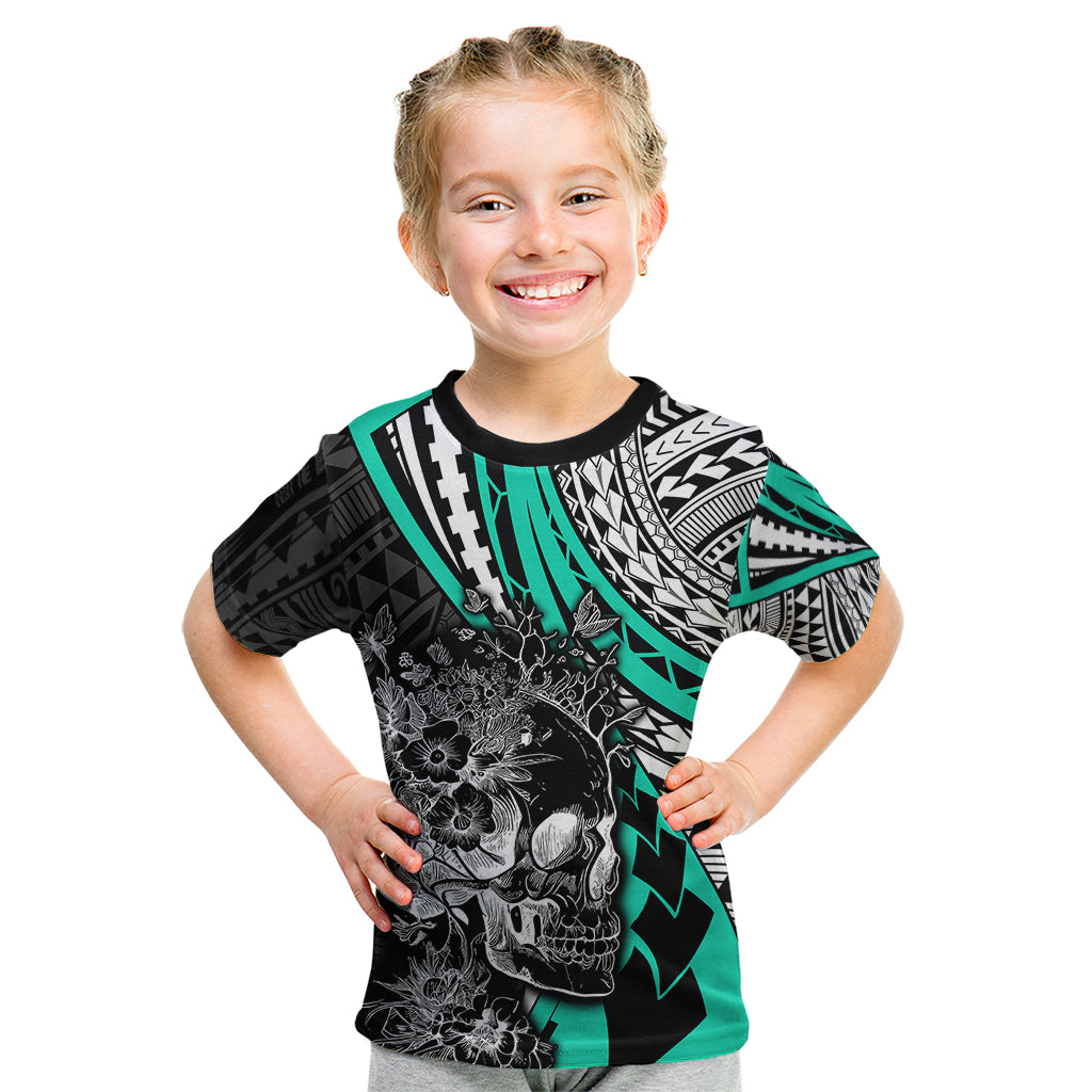 Personalised Polynesia Skull Kid T Shirt Tattoo In The Style Of Maori With Marine Life Aqua LT9 Aqua - Polynesian Pride