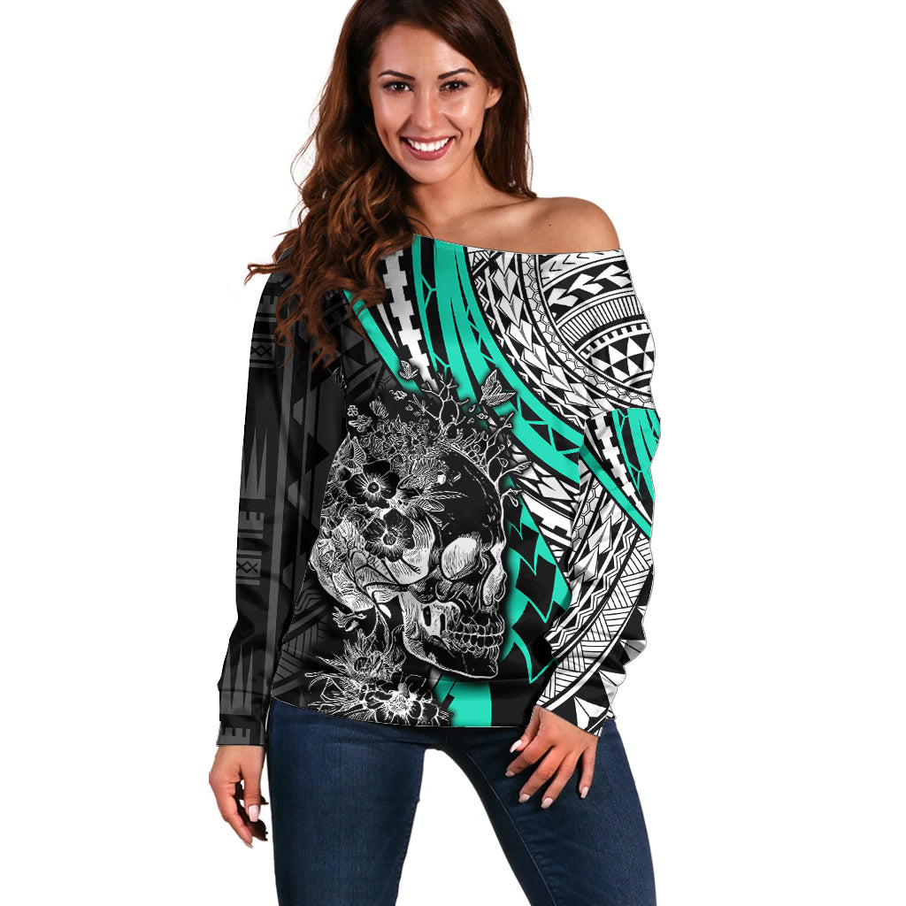 Personalised Polynesia Skull Off Shoulder Sweater Tattoo In The Style Of Maori With Marine Life Aqua LT9 Women Aqua - Polynesian Pride