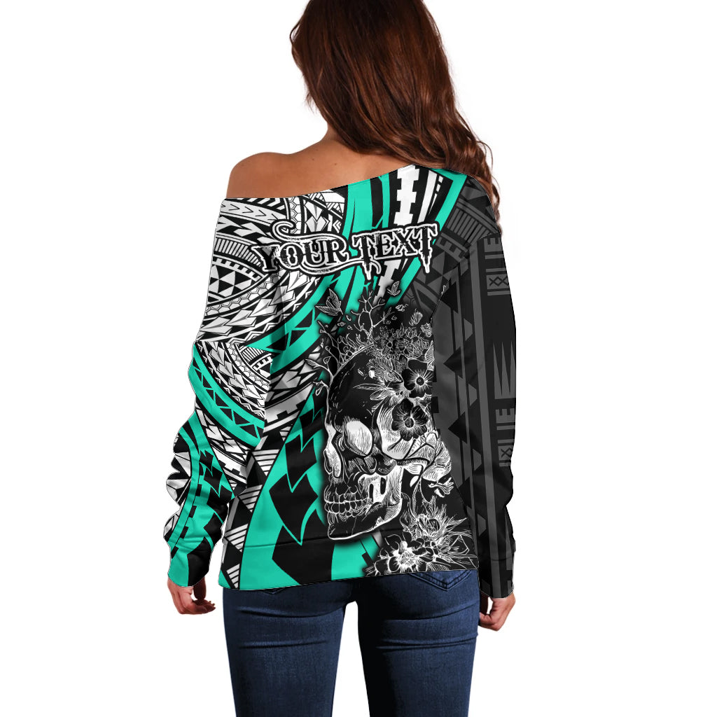 Personalised Polynesia Skull Off Shoulder Sweater Tattoo In The Style Of Maori With Marine Life Aqua LT9 - Polynesian Pride