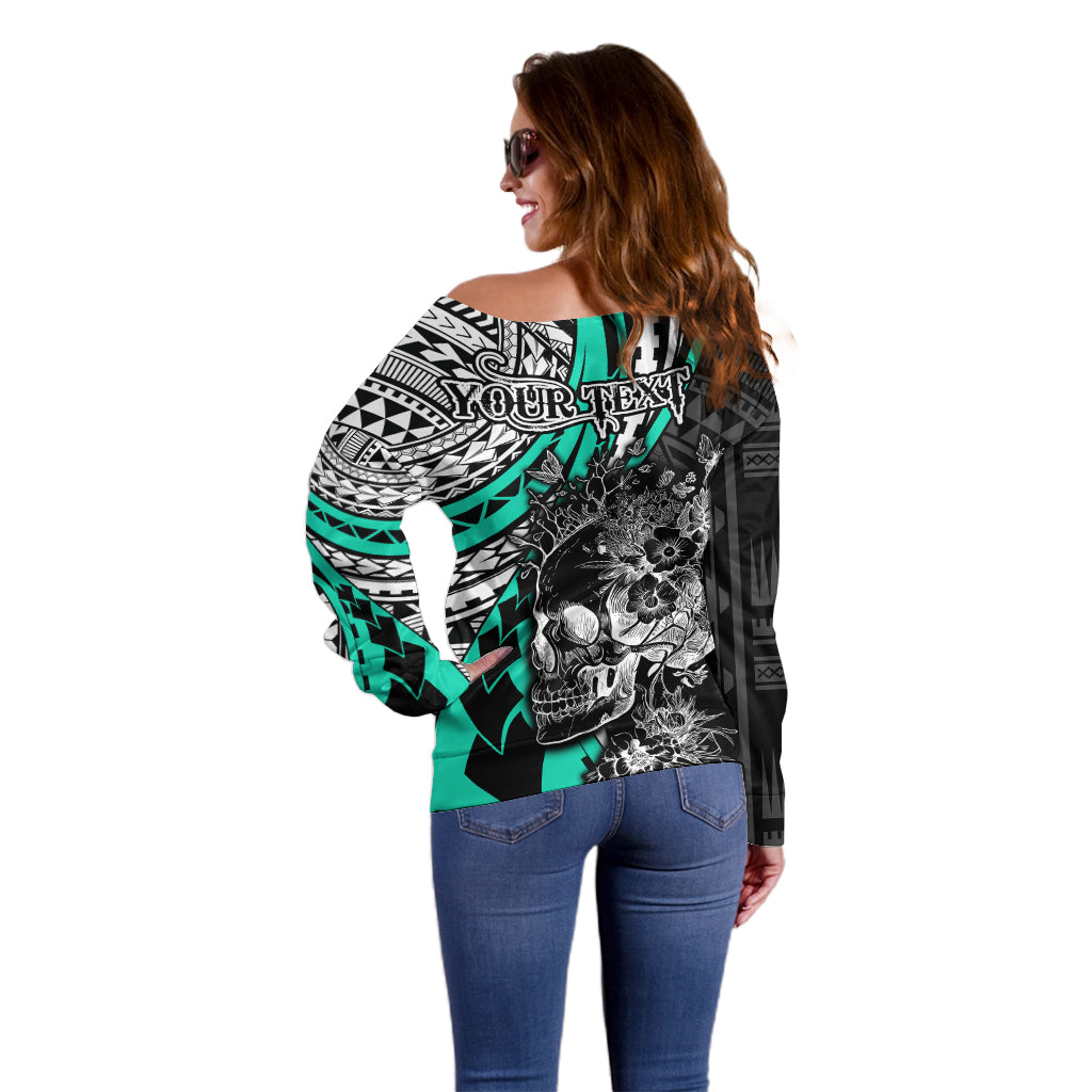 Personalised Polynesia Skull Off Shoulder Sweater Tattoo In The Style Of Maori With Marine Life Aqua LT9 - Polynesian Pride