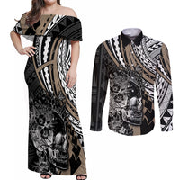 personalised-polynesia-skull-couples-matching-off-shoulder-maxi-dress-and-long-sleeve-button-shirts-tattoo-in-the-style-of-maori-with-marine-life-gold