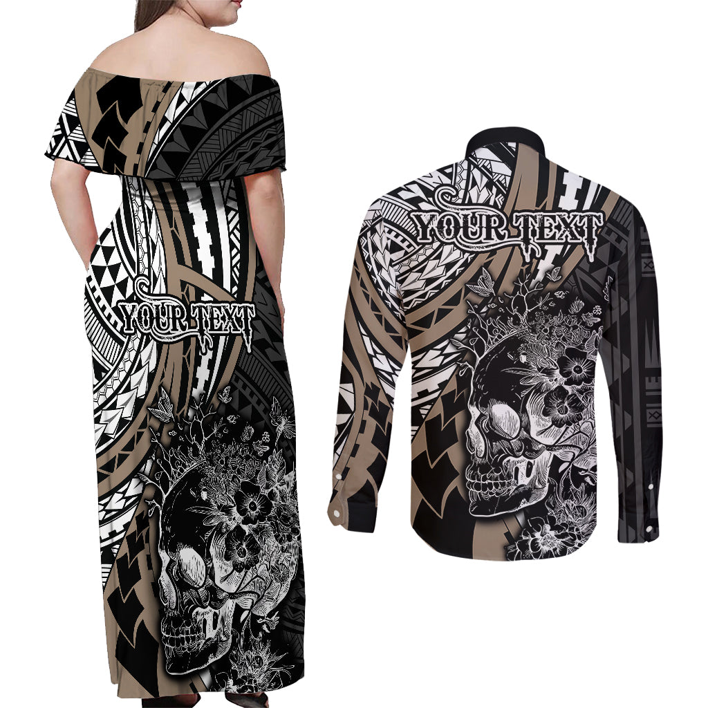 personalised-polynesia-skull-couples-matching-off-shoulder-maxi-dress-and-long-sleeve-button-shirts-tattoo-in-the-style-of-maori-with-marine-life-gold