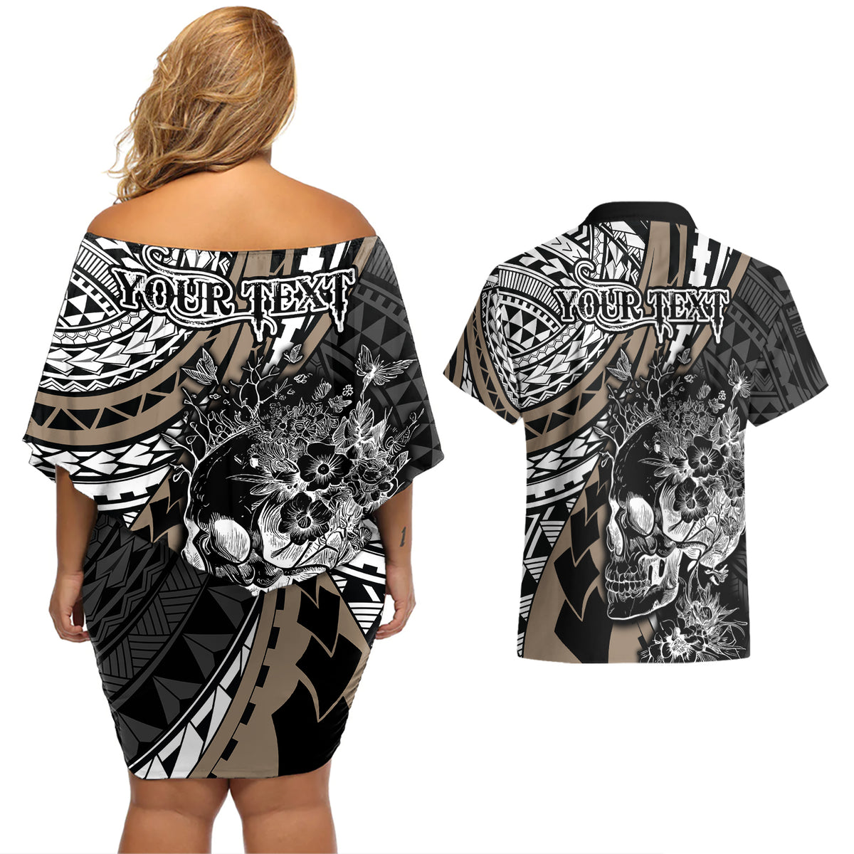 personalised-polynesia-skull-couples-matching-off-shoulder-short-dress-and-hawaiian-shirt-tattoo-in-the-style-of-maori-with-marine-life-gold