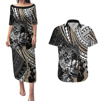 personalised-polynesia-skull-couples-matching-puletasi-dress-and-hawaiian-shirt-tattoo-in-the-style-of-maori-with-marine-life-gold