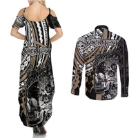 personalised-polynesia-skull-couples-matching-summer-maxi-dress-and-long-sleeve-button-shirts-tattoo-in-the-style-of-maori-with-marine-life-gold