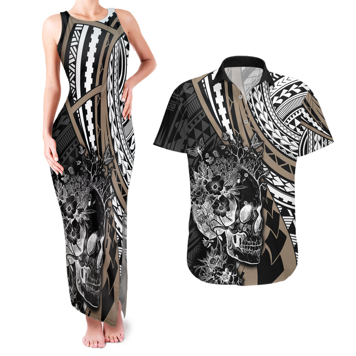 personalised-polynesia-skull-couples-matching-tank-maxi-dress-and-hawaiian-shirt-tattoo-in-the-style-of-maori-with-marine-life-gold