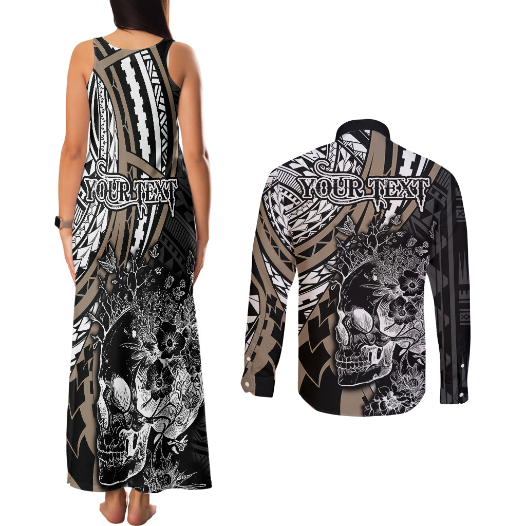 personalised-polynesia-skull-couples-matching-tank-maxi-dress-and-long-sleeve-button-shirts-tattoo-in-the-style-of-maori-with-marine-life-gold