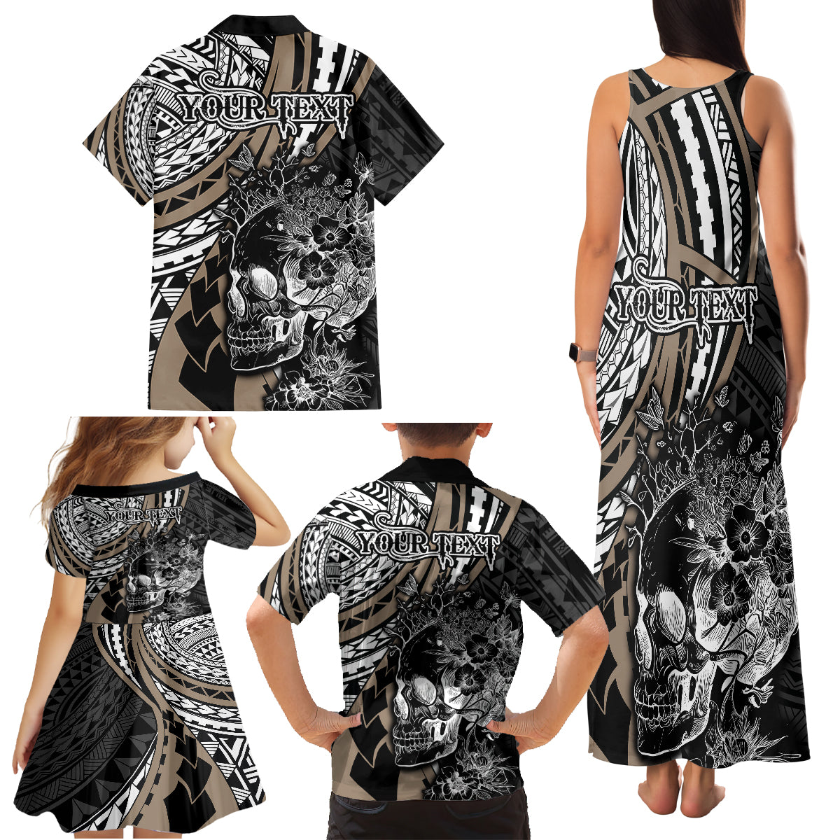 personalised-polynesia-skull-family-matching-tank-maxi-dress-and-hawaiian-shirt-tattoo-in-the-style-of-maori-with-marine-life-gold