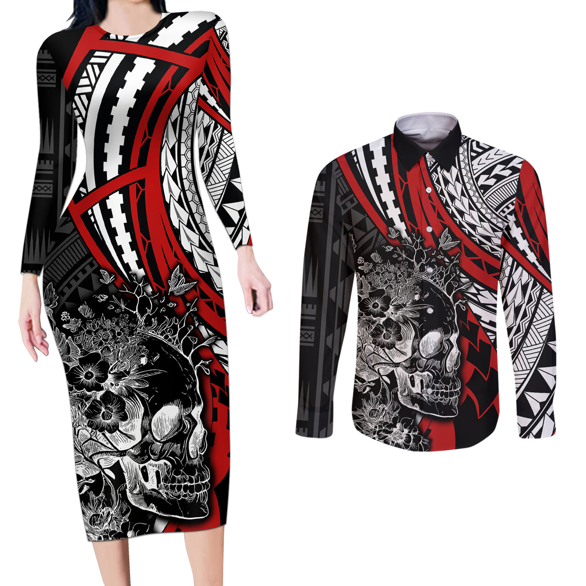 personalised-polynesia-skull-couples-matching-long-sleeve-bodycon-dress-and-long-sleeve-button-shirts-tattoo-in-the-style-of-maori-with-marine-life-red