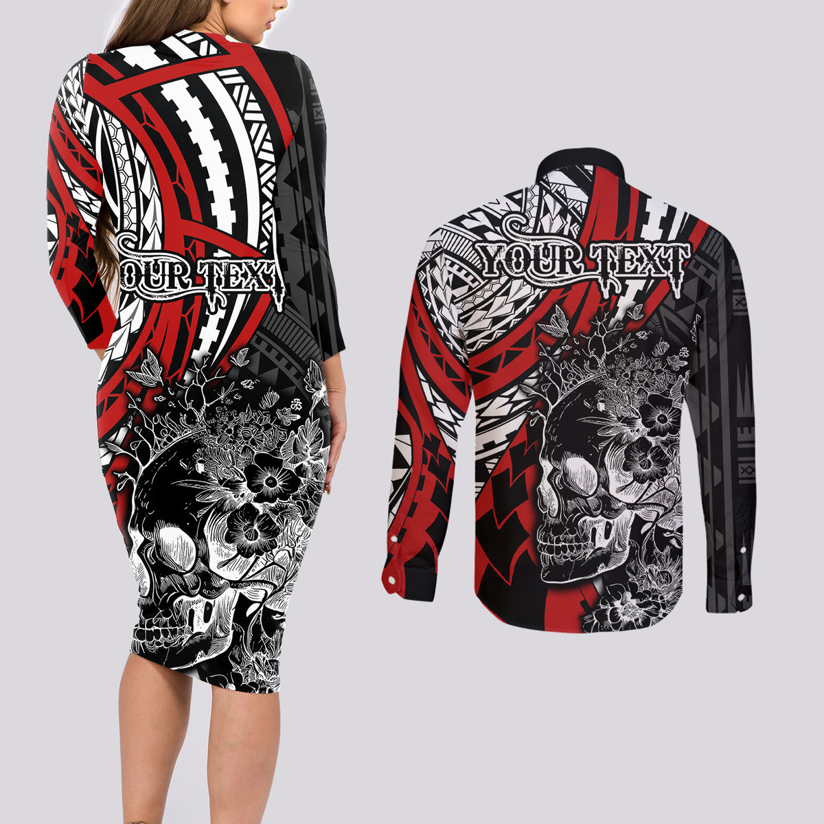 personalised-polynesia-skull-couples-matching-long-sleeve-bodycon-dress-and-long-sleeve-button-shirts-tattoo-in-the-style-of-maori-with-marine-life-red