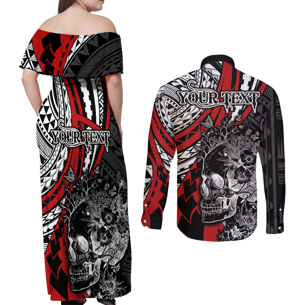 personalised-polynesia-skull-couples-matching-off-shoulder-maxi-dress-and-long-sleeve-button-shirts-tattoo-in-the-style-of-maori-with-marine-life-red