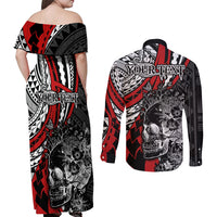 personalised-polynesia-skull-couples-matching-off-shoulder-maxi-dress-and-long-sleeve-button-shirts-tattoo-in-the-style-of-maori-with-marine-life-red