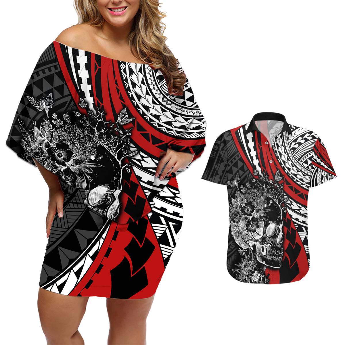 personalised-polynesia-skull-couples-matching-off-shoulder-short-dress-and-hawaiian-shirt-tattoo-in-the-style-of-maori-with-marine-life-red