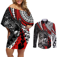 personalised-polynesia-skull-couples-matching-off-shoulder-short-dress-and-long-sleeve-button-shirts-tattoo-in-the-style-of-maori-with-marine-life-red