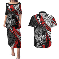 personalised-polynesia-skull-couples-matching-puletasi-dress-and-hawaiian-shirt-tattoo-in-the-style-of-maori-with-marine-life-red