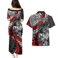personalised-polynesia-skull-couples-matching-puletasi-dress-and-hawaiian-shirt-tattoo-in-the-style-of-maori-with-marine-life-red