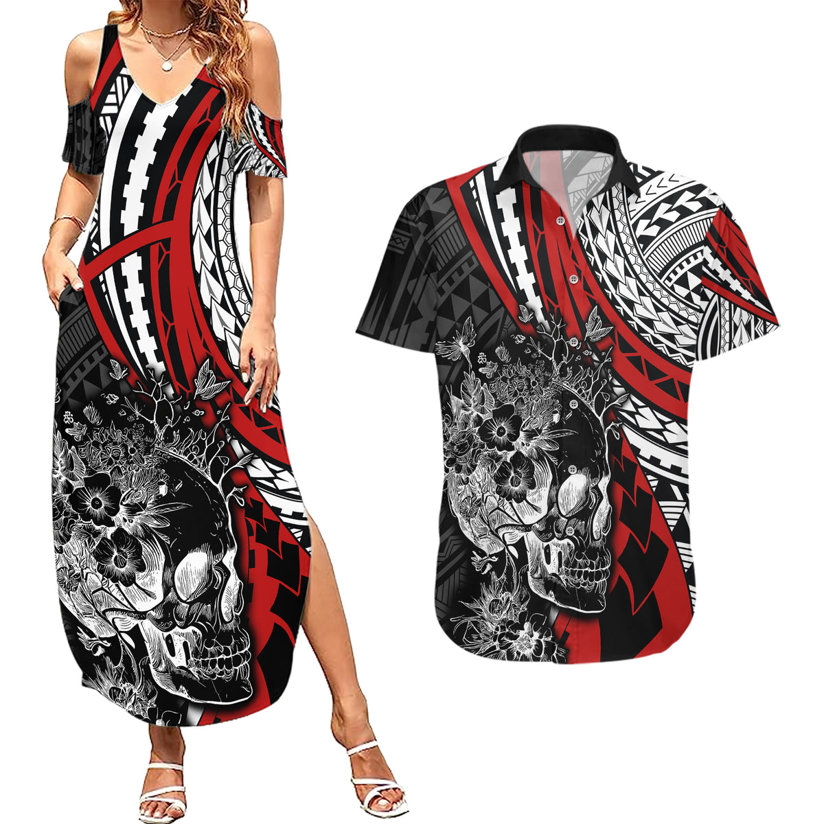 personalised-polynesia-skull-couples-matching-summer-maxi-dress-and-hawaiian-shirt-tattoo-in-the-style-of-maori-with-marine-life-red