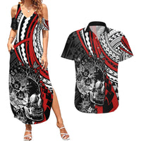 personalised-polynesia-skull-couples-matching-summer-maxi-dress-and-hawaiian-shirt-tattoo-in-the-style-of-maori-with-marine-life-red