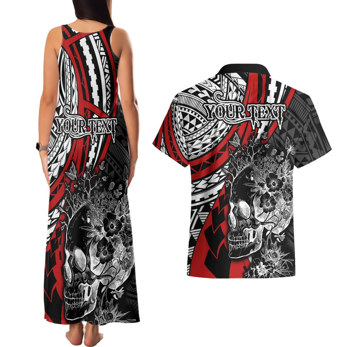 personalised-polynesia-skull-couples-matching-tank-maxi-dress-and-hawaiian-shirt-tattoo-in-the-style-of-maori-with-marine-life-red