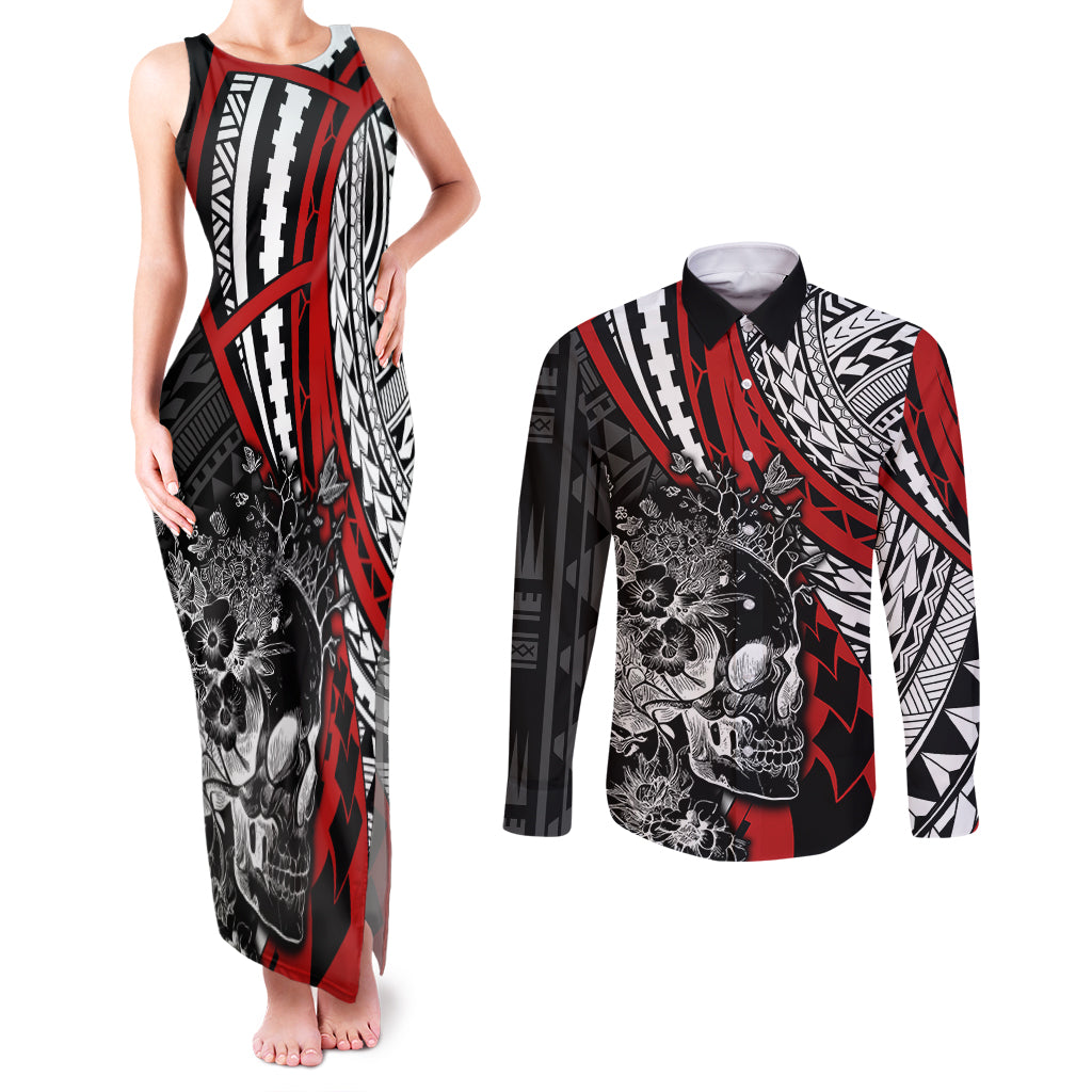 Personalised Polynesia Skull Couples Matching Tank Maxi Dress and Long Sleeve Button Shirts Tattoo In The Style Of Maori With Marine Life Red LT9 Red - Polynesian Pride
