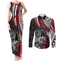 Personalised Polynesia Skull Couples Matching Tank Maxi Dress and Long Sleeve Button Shirts Tattoo In The Style Of Maori With Marine Life Red LT9 Red - Polynesian Pride