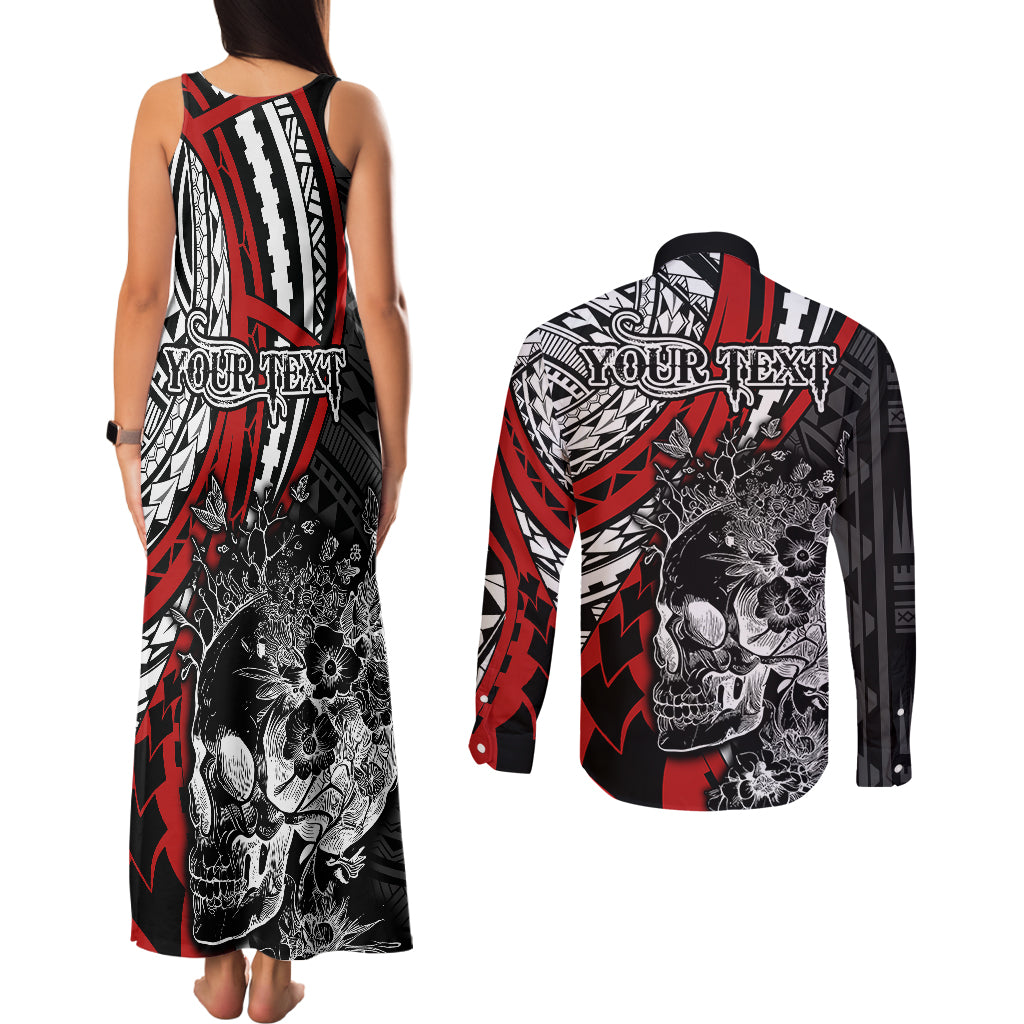 Personalised Polynesia Skull Couples Matching Tank Maxi Dress and Long Sleeve Button Shirts Tattoo In The Style Of Maori With Marine Life Red LT9 - Polynesian Pride