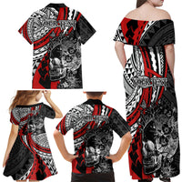 personalised-polynesia-skull-family-matching-off-shoulder-maxi-dress-and-hawaiian-shirt-tattoo-in-the-style-of-maori-with-marine-life-red