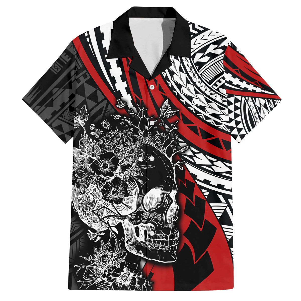 personalised-polynesia-skull-family-matching-off-shoulder-maxi-dress-and-hawaiian-shirt-tattoo-in-the-style-of-maori-with-marine-life-red