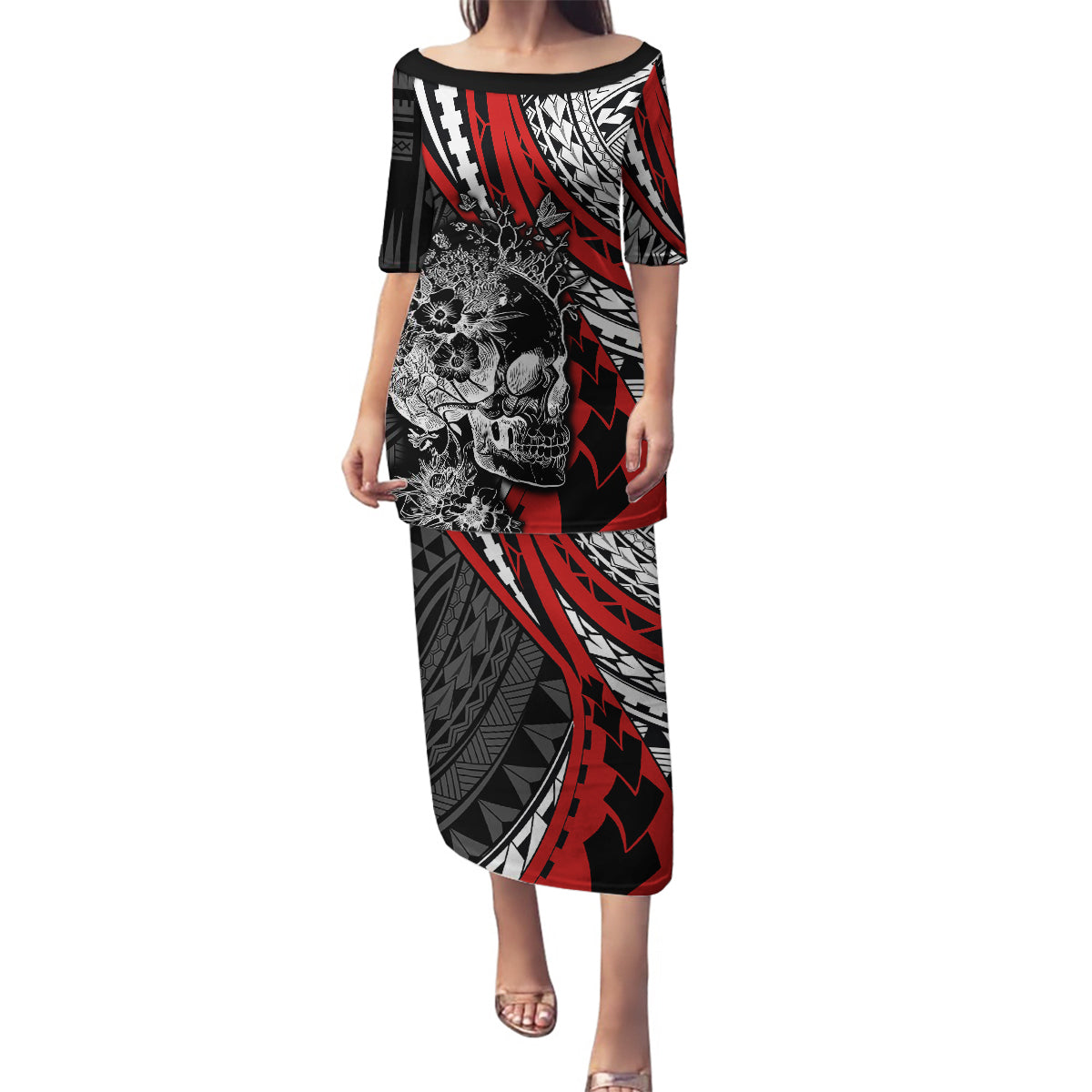 Personalised Polynesia Skull Family Matching Puletasi Dress and Hawaiian Shirt Tattoo In The Style Of Maori With Marine Life Red LT9 Mom's Dress Red - Polynesian Pride