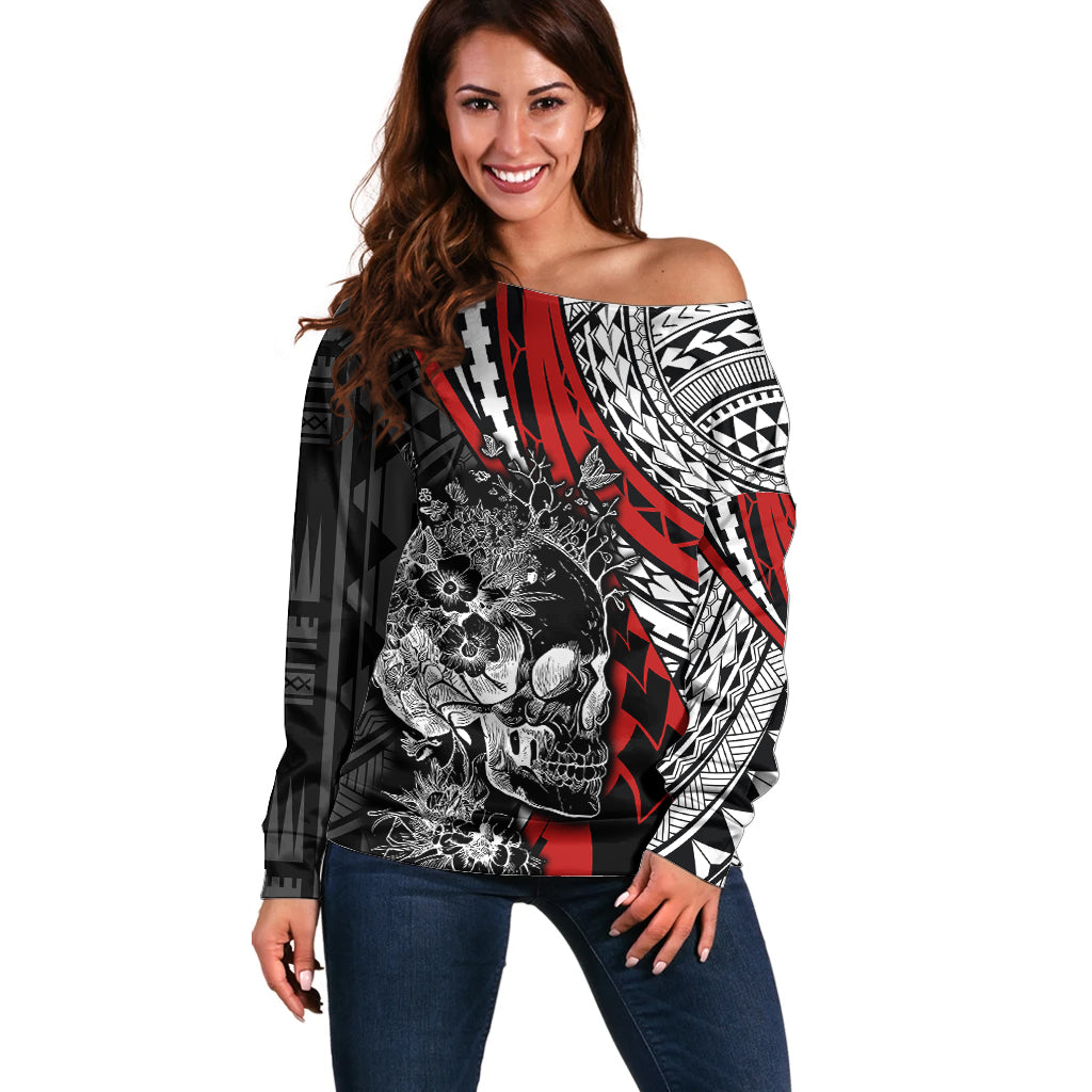 Personalised Polynesia Skull Off Shoulder Sweater Tattoo In The Style Of Maori With Marine Life Red LT9 Women Red - Polynesian Pride