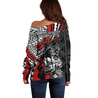 Personalised Polynesia Skull Off Shoulder Sweater Tattoo In The Style Of Maori With Marine Life Red LT9 - Polynesian Pride