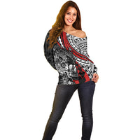 Personalised Polynesia Skull Off Shoulder Sweater Tattoo In The Style Of Maori With Marine Life Red LT9 - Polynesian Pride