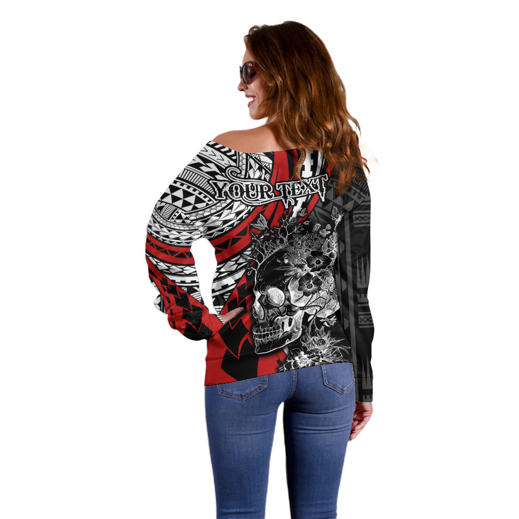 Personalised Polynesia Skull Off Shoulder Sweater Tattoo In The Style Of Maori With Marine Life Red LT9 - Polynesian Pride