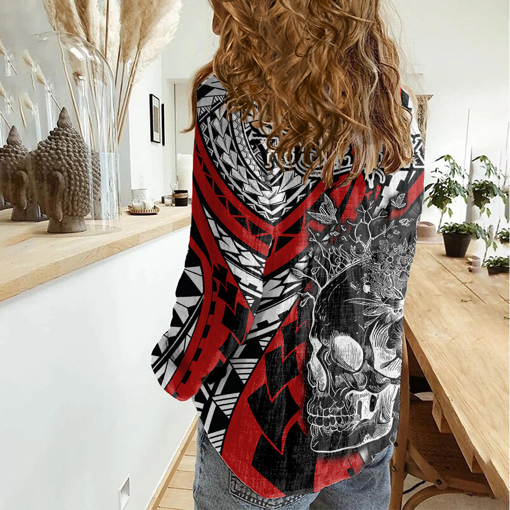 personalised-polynesia-skull-women-casual-shirt-tattoo-in-the-style-of-maori-with-marine-life-red