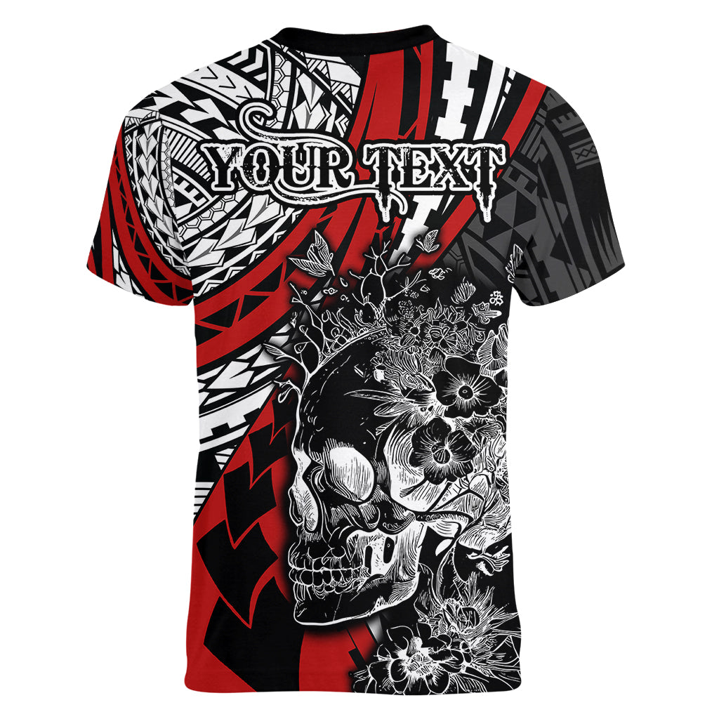 personalised-polynesia-skull-women-v-neck-t-shirt-tattoo-in-the-style-of-maori-with-marine-life-red