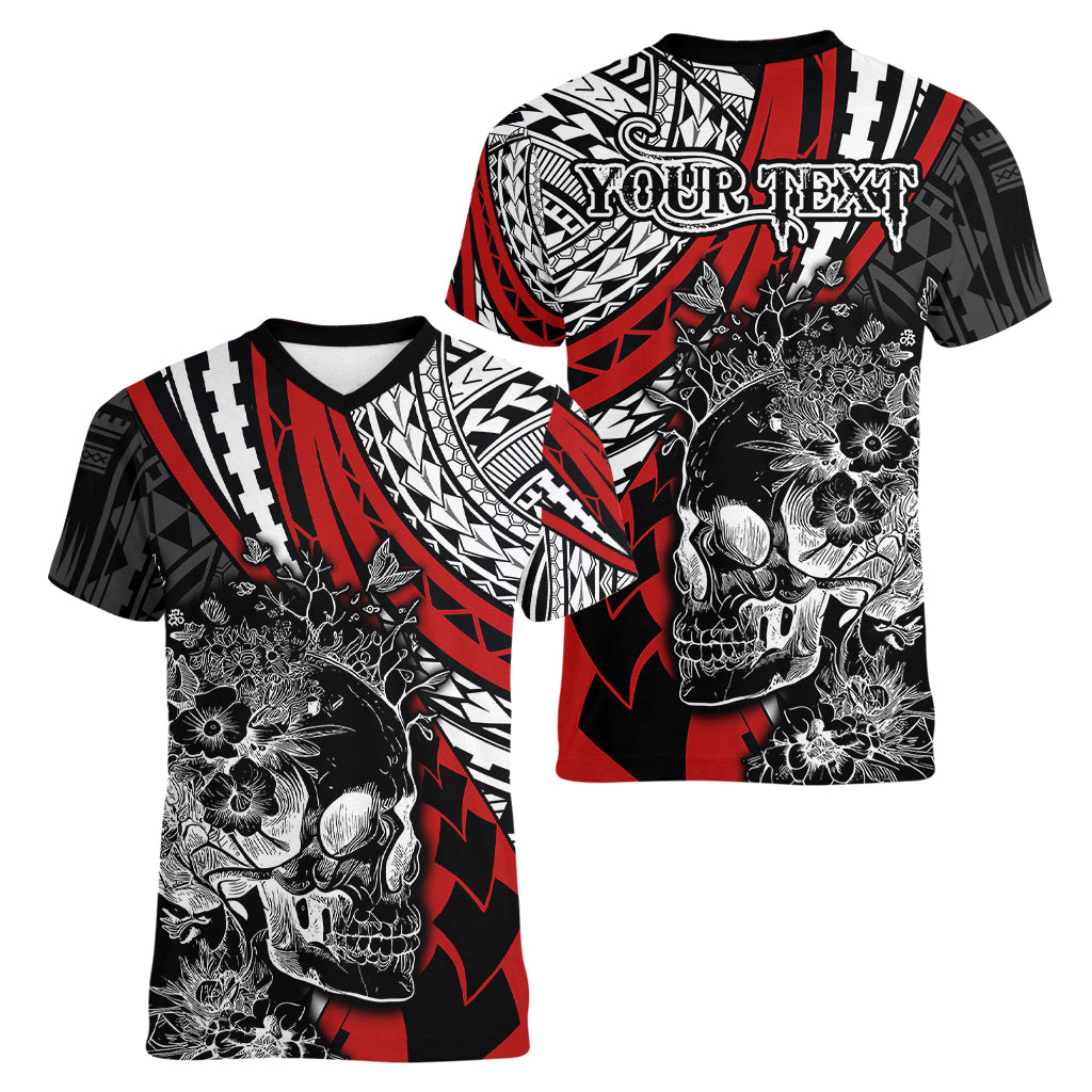 personalised-polynesia-skull-women-v-neck-t-shirt-tattoo-in-the-style-of-maori-with-marine-life-red