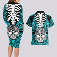 personalised-polynesia-skull-couples-matching-long-sleeve-bodycon-dress-and-hawaiian-shirt-with-boars-tusk-aqua-arty-vibe
