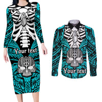 Personalised Polynesia Skull Couples Matching Long Sleeve Bodycon Dress and Long Sleeve Button Shirts With Boars Tusk Aqua Arty Vibe LT9 Aqua - Polynesian Pride