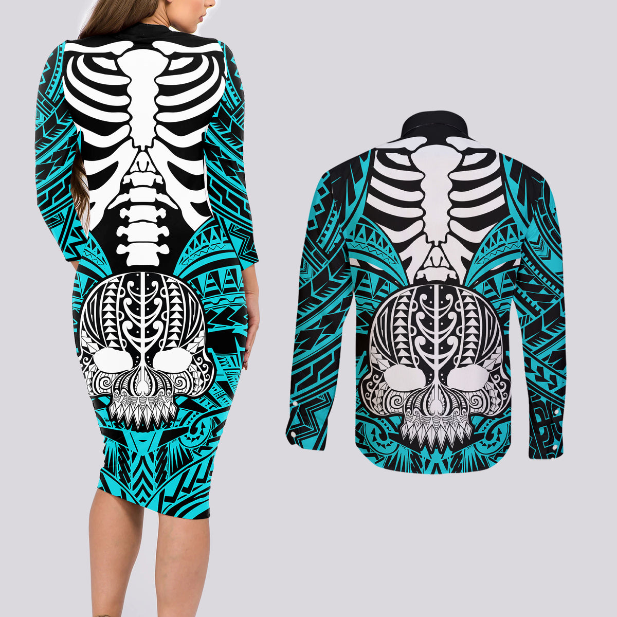 Personalised Polynesia Skull Couples Matching Long Sleeve Bodycon Dress and Long Sleeve Button Shirts With Boars Tusk Aqua Arty Vibe LT9 - Polynesian Pride