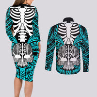 Personalised Polynesia Skull Couples Matching Long Sleeve Bodycon Dress and Long Sleeve Button Shirts With Boars Tusk Aqua Arty Vibe LT9 - Polynesian Pride
