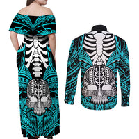 personalised-polynesia-skull-couples-matching-off-shoulder-maxi-dress-and-long-sleeve-button-shirts-with-boars-tusk-aqua-arty-vibe