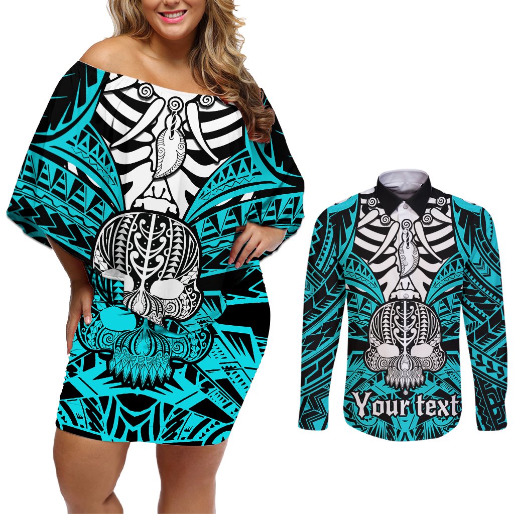 personalised-polynesia-skull-couples-matching-off-shoulder-short-dress-and-long-sleeve-button-shirts-with-boars-tusk-aqua-arty-vibe