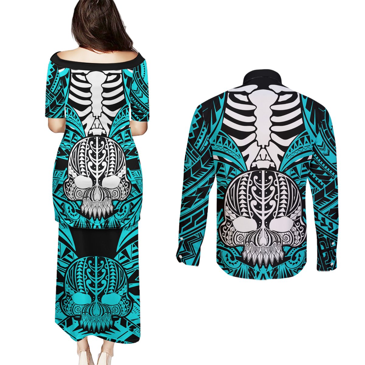 personalised-polynesia-skull-couples-matching-puletasi-dress-and-long-sleeve-button-shirts-with-boars-tusk-aqua-arty-vibe
