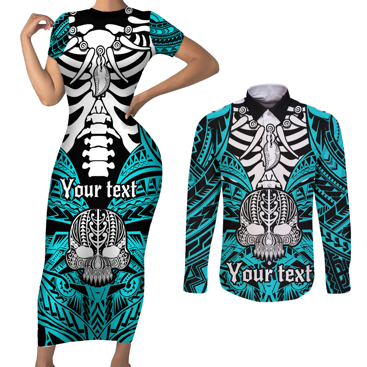 personalised-polynesia-skull-couples-matching-short-sleeve-bodycon-dress-and-long-sleeve-button-shirts-with-boars-tusk-aqua-arty-vibe