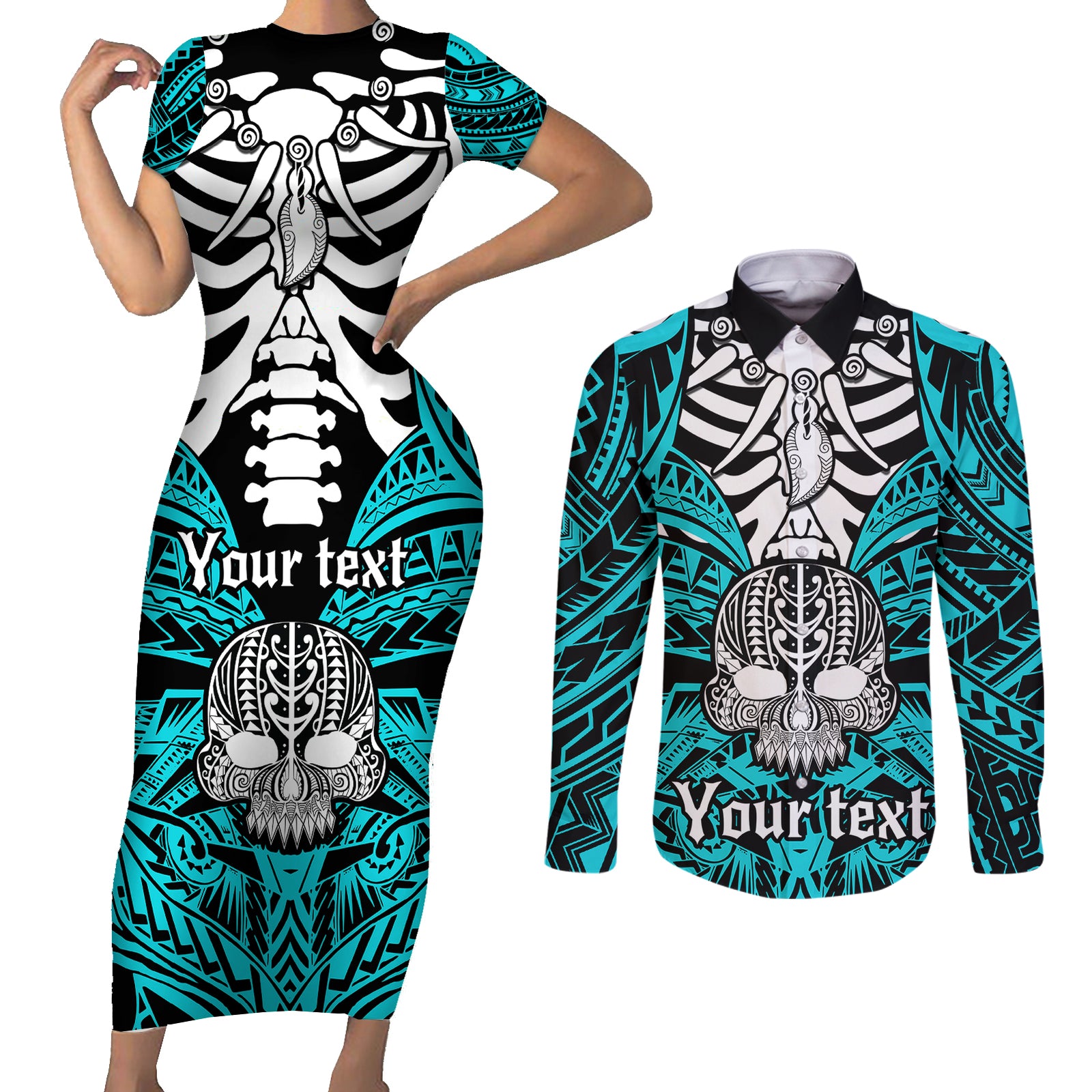 personalised-polynesia-skull-couples-matching-short-sleeve-bodycon-dress-and-long-sleeve-button-shirts-with-boars-tusk-aqua-arty-vibe