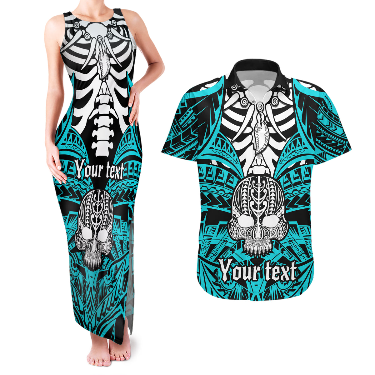 personalised-polynesia-skull-couples-matching-tank-maxi-dress-and-hawaiian-shirt-with-boars-tusk-aqua-arty-vibe