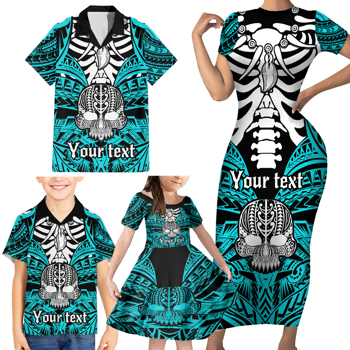 personalised-polynesia-skull-family-matching-short-sleeve-bodycon-dress-and-hawaiian-shirt-with-boars-tusk-aqua-arty-vibe
